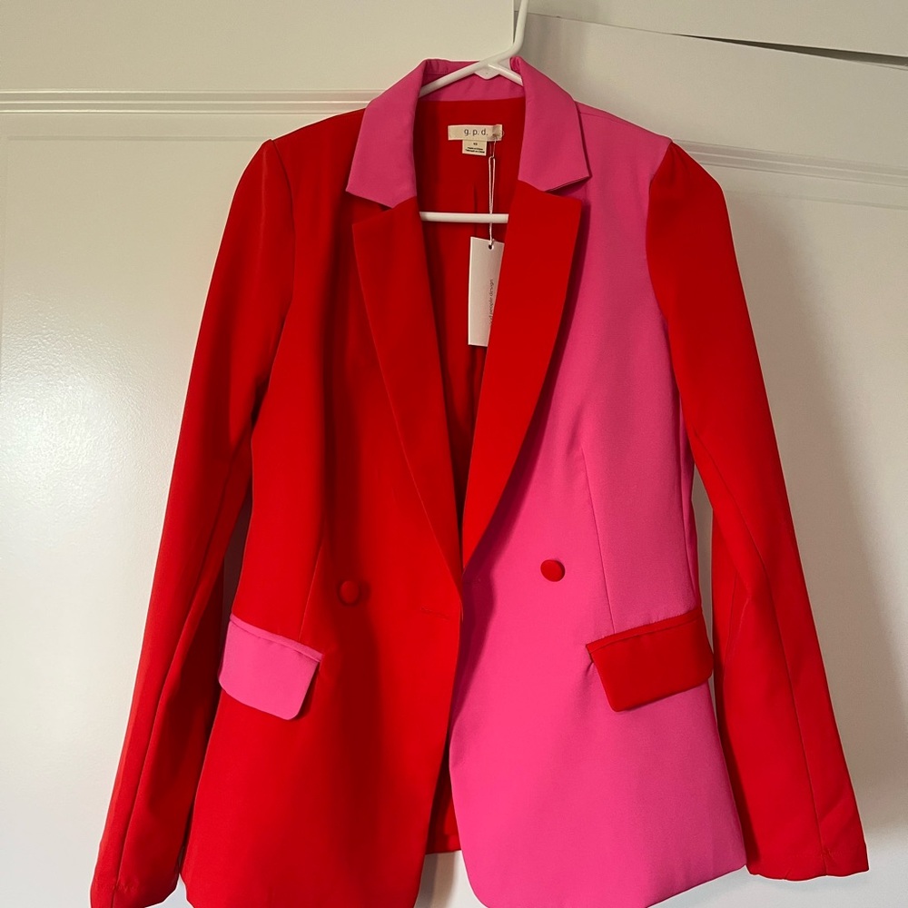 Red and Pink Color-Blocked Blazer with Tailored Design
